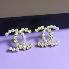  Bông Tai Chanel Bản To Màu Vàng Ngọc Trai & Pha Lê Trắng (AL) 