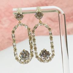  Bông Tai Chữ Nhật Bản To Màu Vàng Pha Lê Trắng (AD) 