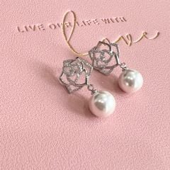  Bông Tai Hoa Hồng Ngọc Trai & Pha Lê Trắng (AL) 