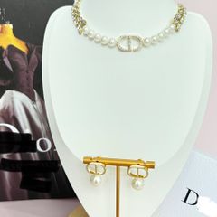  Bộ Trang Sức Dior Vàng - Vòng cổ Choker & Bông Tai Ngọc Trai, Pha Lê Quý Phái (AJ) 
