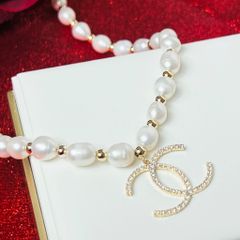  Vòng Cổ Choker Chanel Màu Vàng Chuỗi Ngọc Trai Thiên Nhiên & Pha Lê Trắng Sang Trọng 
