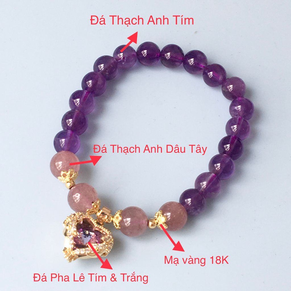  Vòng Tay Phong Thuỷ Cao Cấp - Trái Tim Pha Lê & Đá Thạch Anh Tím Thiên Nhiên (AE) 