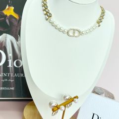  Bộ Trang Sức Dior Trắng - Vòng cổ Choker & Bông Tai Ngọc Trai, Pha Lê 2 Kiểu Đeo Quý Phái (AL) 