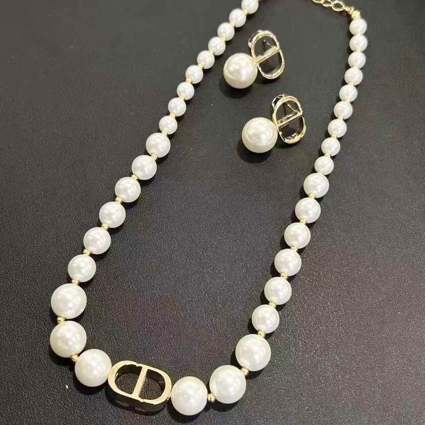  Bộ Trang Sức Dior Vàng - Vòng cổ Choker, Vòng Tay & Bông Tai Ngọc Trai Quý Phái (AE) 
