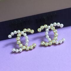  Bông Tai Chanel Bản To Màu Vàng Ngọc Trai & Pha Lê Trắng (AL) 