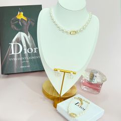  Bộ Trang Sức Dior Vàng - Vòng cổ Choker, Vòng Tay & Bông Tai Ngọc Trai Quý Phái (AE) 
