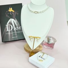  Bộ Trang Sức Dior Vàng - Vòng cổ Choker, Vòng Tay & Bông Tai Ngọc Trai Quý Phái (AE) 