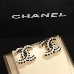  Bông Tai Chanel Màu Vàng Ngọc Trai & Pha Lê Đen (BF) 