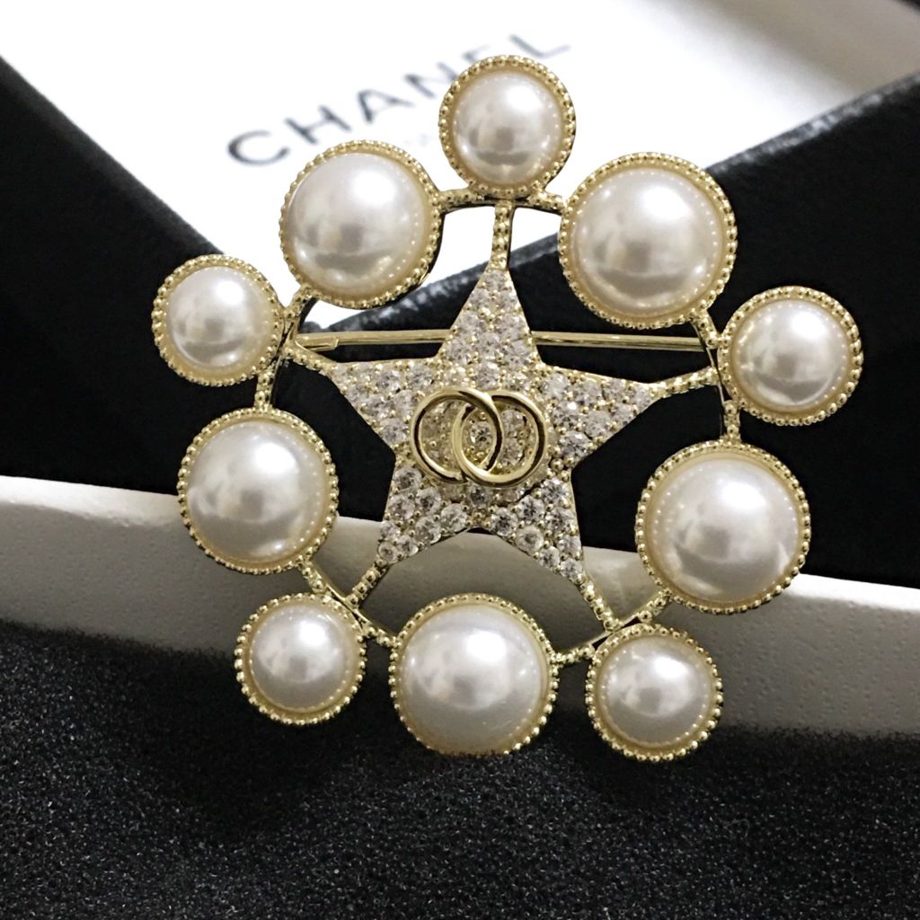  Cài Áo Nam, Nữ - Chanel Ngôi Sao Vàng Ngọc Trai & Pha Lê Trắng (BL) 