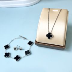  Bộ Trang Sức Cỏ 4 Lá May Mắn Trắng Đen Size 1cm - Dây Chuyền, Vòng Tay & Bông Tai Pha Lê (AN) 