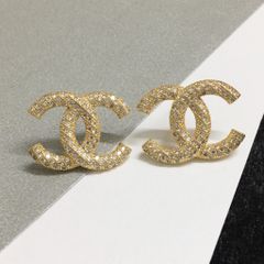  Bộ Trang Sức Chanel Vàng - Cài Áo & Bông Tai Pha Lê Trắng (AF) 