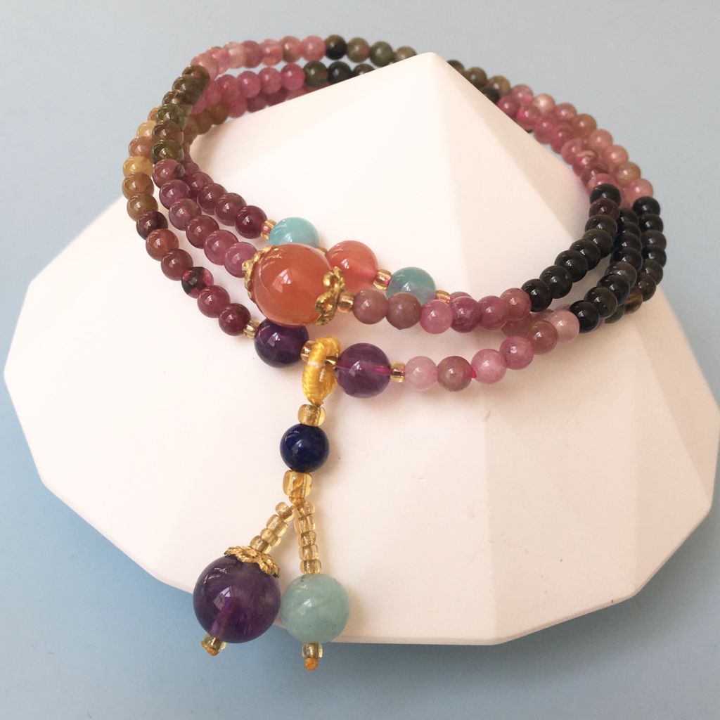  Vòng Đá Phong Thuỷ Cao Cấp - 3 Vòng Đá Tourmaline Đa Sắc Màu, Đá Aquamarine, Đá Thạch Anh Tím & Đá Mã Não Đỏ Tự Nhiên 