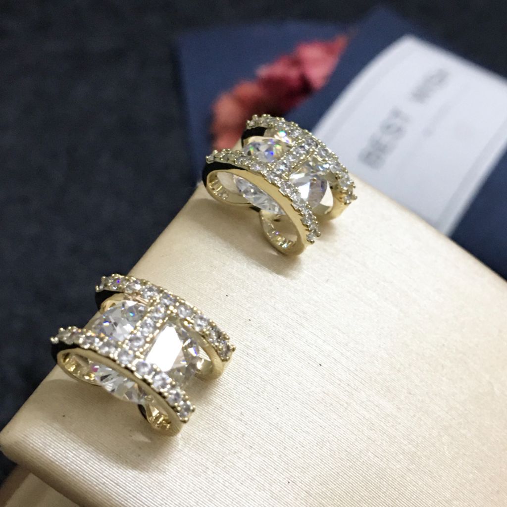  Bông Tai Hermes Màu Vàng Pha Lê Trắng (AF) 