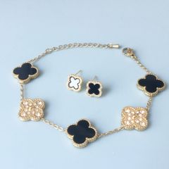  Bộ Trang Sức Cỏ 4 Lá May Mắn Vàng Đen Size 1cm - Dây Chuyền, Vòng Tay & Bông Tai Pha Lê (AP) 