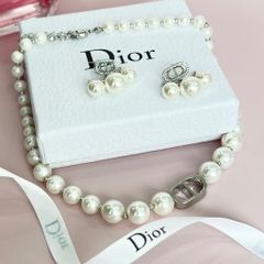  Bộ Trang Sức Dior Trắng - Vòng cổ Choker & Bông Tai Ngọc Trai Quý Phái (AB) 