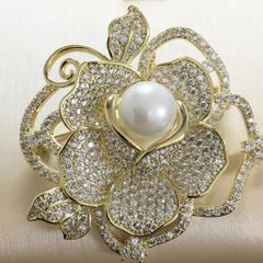  Cài Áo Hoa Hồng Vàng Ngọc Trai & Pha Lê Trắng (AK) 