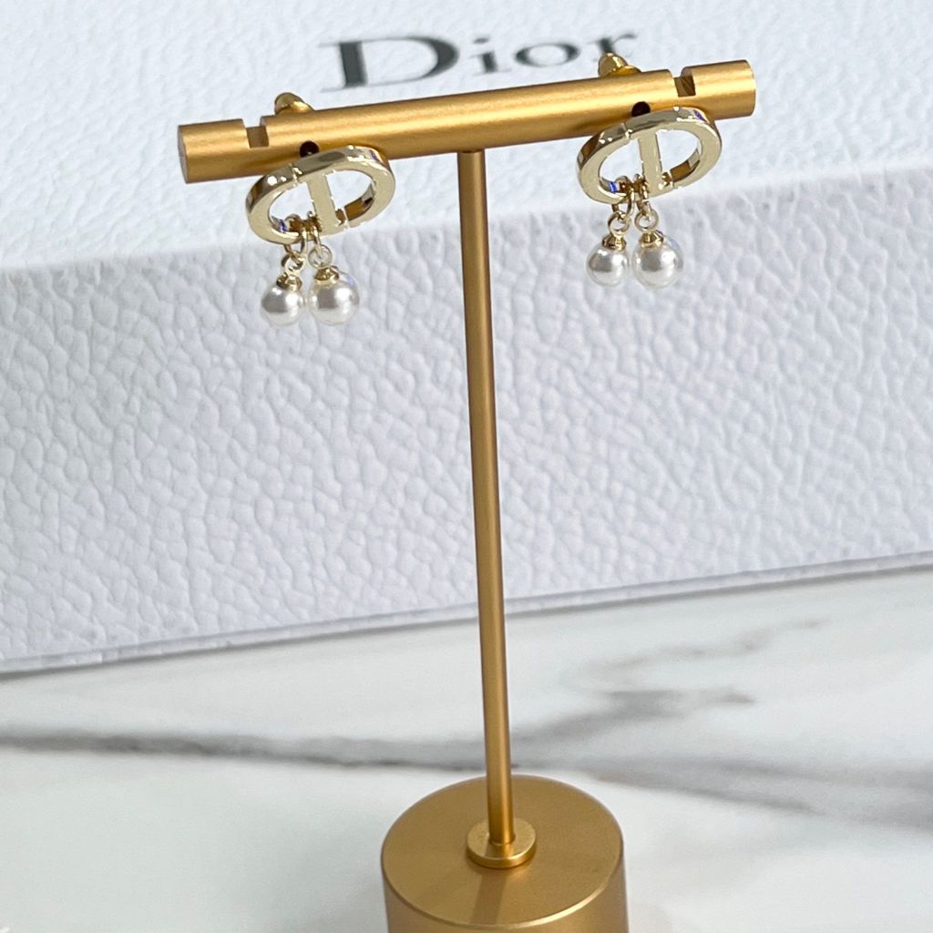 Bông Tai Dior Màu Vàng 2 Hạt Ngọc Trai 