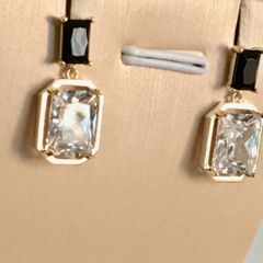  Bông Tai Chữ Nhật Màu Vàng Pha Lê Trắng Đen (AF) 