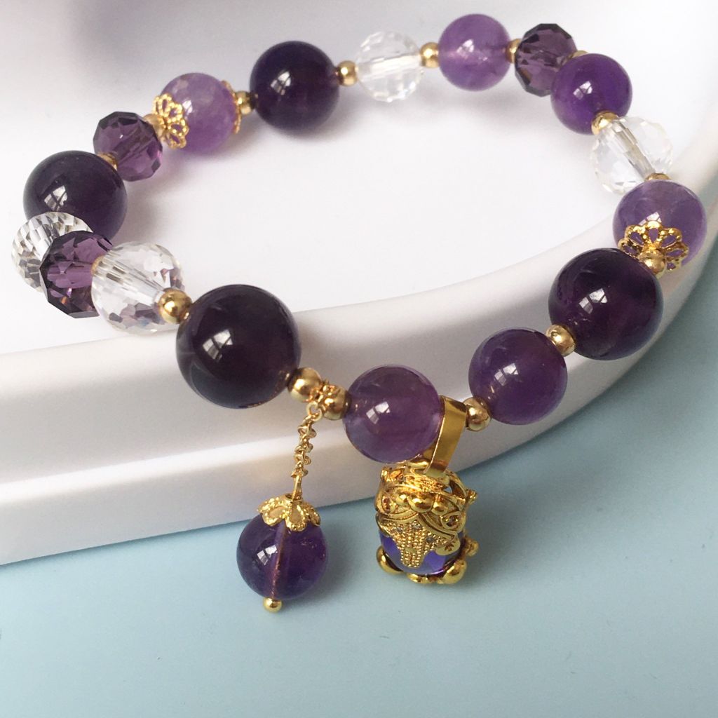  Vòng Đá Phong Thuỷ Cao Cấp - Con Tỳ Hưu Tài Lộc Thạch Anh Tím & Trắng Tự Nhiên 