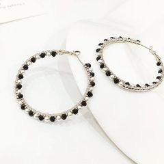  Bông Tai Khoen Tròn Màu Trắng 4,5cm Ngọc Trai & Pha Lê Đen 