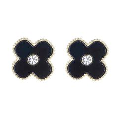  Bông Tai Cỏ 4 Lá May Mắn Màu Đen Bản To 1,4cm Pha Lê (AA) 