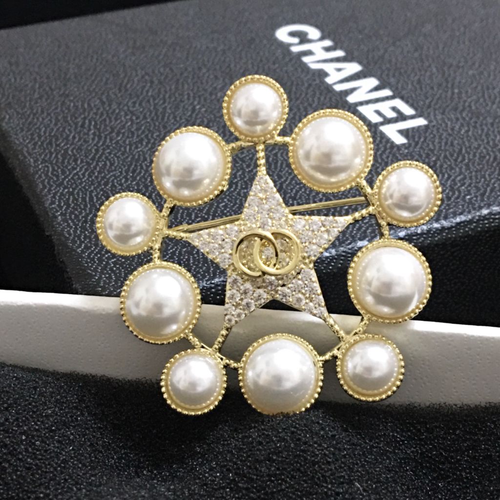  Cài Áo Nam, Nữ - Chanel Ngôi Sao Vàng Ngọc Trai & Pha Lê Trắng (BL) 