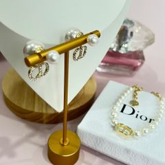  Bộ Trang Sức Dior Vàng - Vòng cổ Choker, Vòng Tay & Bông Tai Ngọc Trai, Pha Lê 2 Kiểu Đeo Quý Phái (AC) 