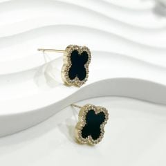  Bông Tai Cỏ 4 Lá May Mắn Màu Đen 1,4cm Pha Lê Trắng (AE) 