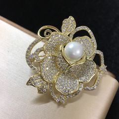  Cài Áo Hoa Hồng Vàng Ngọc Trai & Pha Lê Trắng (AK) 