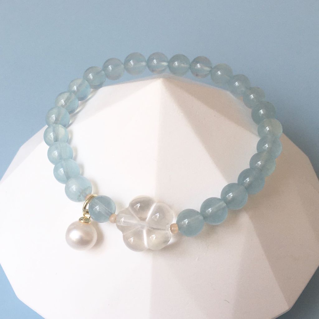  Vòng Đá Phong Thuỷ Cao Cấp - Hoa Mai Đá Thạch Anh Trắng, Ngọc Trai Nước Ngọt & Đá Aquamarine Tự Nhiên 