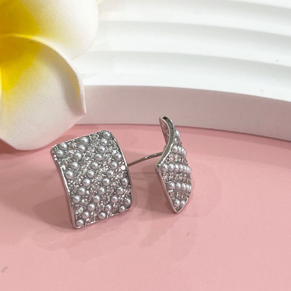  Bông Tai Hình Chữ Nhật Pha Lê & Ngọc Trai Nước Ngọt Màu Xám 