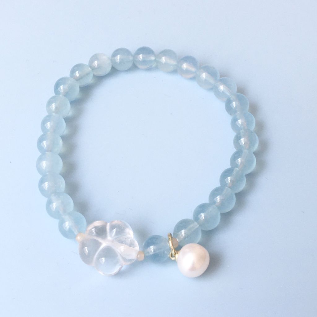  Vòng Đá Phong Thuỷ Cao Cấp - Hoa Mai Đá Thạch Anh Trắng, Ngọc Trai Nước Ngọt & Đá Aquamarine Tự Nhiên 
