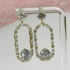  Bông Tai Chữ Nhật Bản To Màu Vàng Pha Lê Trắng (AD) 