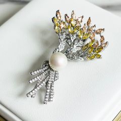  Cài Áo & Mặt Dây Chuyền - Bó Hoa Màu Trắng Pha Lê Vàng & Ngọc Trai 