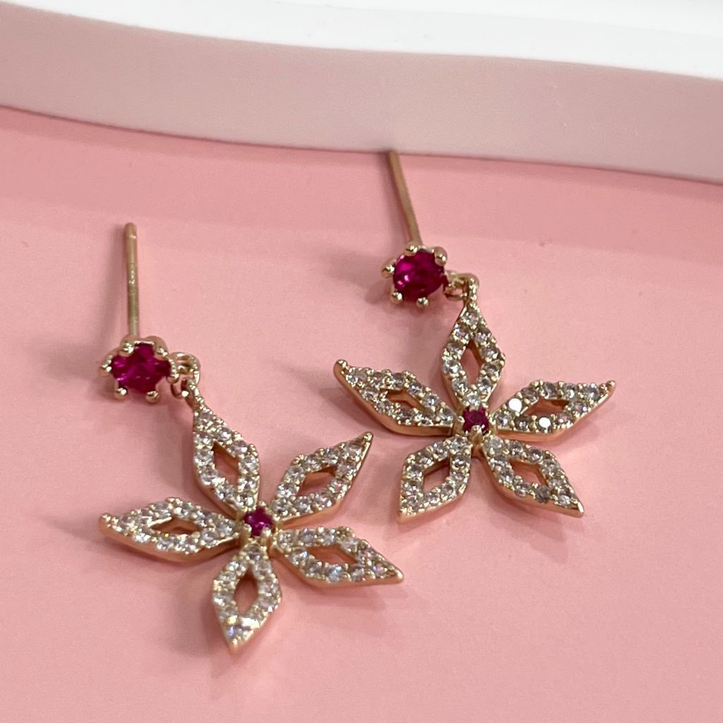  Bông Tai Cánh Hoa Pha Lê Hồng & Trắng (BR) 