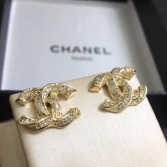  Bộ Trang Sức Chanel Màu Vàng Hồng - Cài Áo & Bông Tai Pha Lê Trắng (AA) 