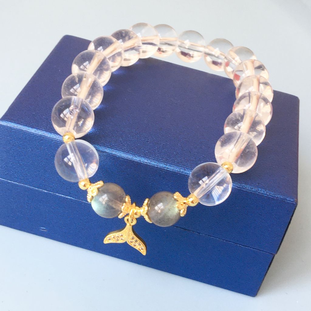  Vòng Đá Phong Thuỷ Cao Cấp - Đuôi Cá Pha Lê & Đá Thạch Anh Trắng, Đá Mặt Trăng Màu Xám Tự Nhiên 