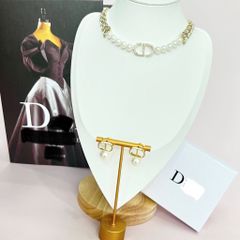  Bộ Trang Sức Dior Vàng - Vòng cổ Choker & Bông Tai Ngọc Trai, Pha Lê Quý Phái (AJ) 