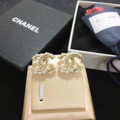  Bông Tai Chanel Bản To Màu Vàng Ngọc Trai & Pha Lê Trắng (BD) 