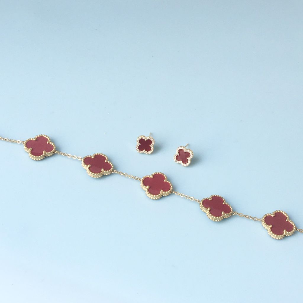  Bộ Trang Sức Cỏ 4 Lá May Mắn - Vòng Tay & Bông Tai Màu Đỏ Size Nhỏ Pha Lê (AC) 