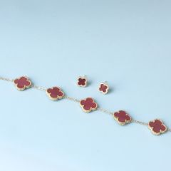  Bộ Trang Sức Cỏ 4 Lá May Mắn - Vòng Tay & Bông Tai Màu Đỏ Size Nhỏ Pha Lê (AC) 