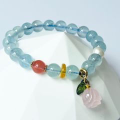  Vòng Đá Phong Thuỷ Cao Cấp - Hoa Hồng Thạch Anh Hồng, Đá Aquamarine & Ngọc Trai Nước Ngọt 