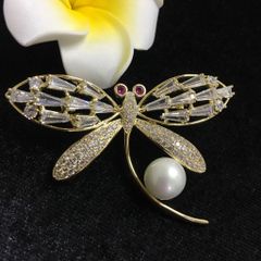  Cài Áo Nam, Nữ - Con Chuồn Chuồn Vàng Bản To Ngọc Trai & Pha Lê Đỏ, Trắng 