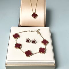  Bộ Trang Sức Cỏ 4 Lá May Mắn - Dây Chuyền, Vòng Tay & Bông Tai Màu Đỏ Pha Lê Trắng (AM) 