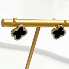  Bông Tai Cỏ 4 Lá May Mắn Màu Đen 1,4cm Pha Lê Trắng (AE) 