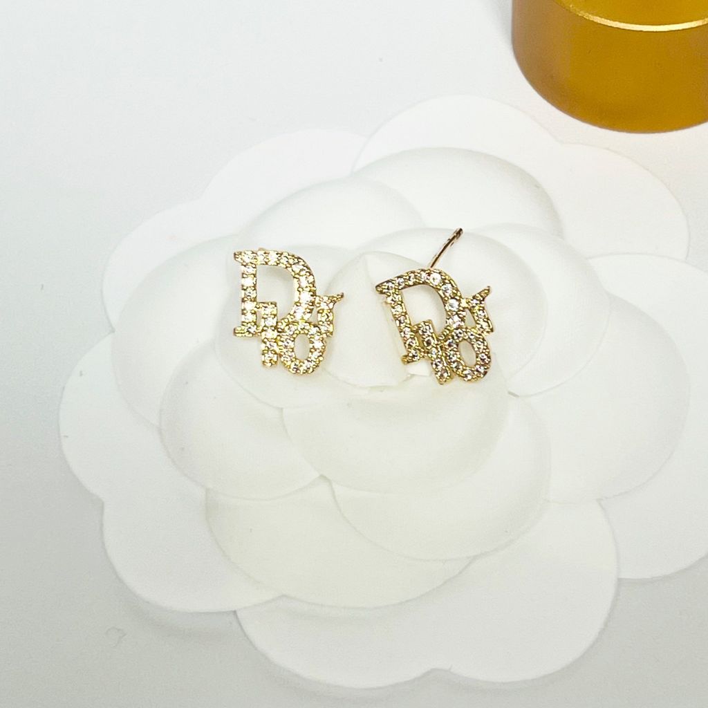 Bông Tai Dior Màu Vàng 1,2cm Pha Lê Trắng (AW) 