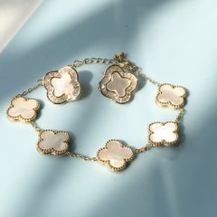  Bộ Trang Sức Cỏ 4 Lá May Mắn - Vòng Tay & Bông Tai Màu Vàng Bản To Pha Lê (AL) 