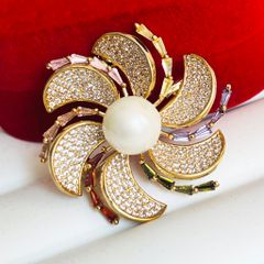  Cài Áo Cánh Hoa Pha Lê Màu & Ngọc Trai Trắng (AT) 