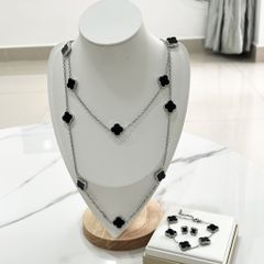  Bộ Trang Sức Cỏ 4 Lá May Mắn Trắng Đen Size 1cm - Dây Chuyền, Vòng Tay & Bông Tai Pha Lê (AR) 