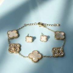  Bộ Trang Sức Cỏ 4 Lá May Mắn - Vòng Tay & Bông Tai Màu Vàng Size Nhỏ Pha Lê (AK) 